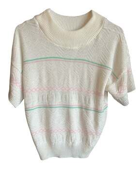 Vtg Cristin Stevens Short Sleeve White Knit Sweater Pastel Pink and Mint Stripes